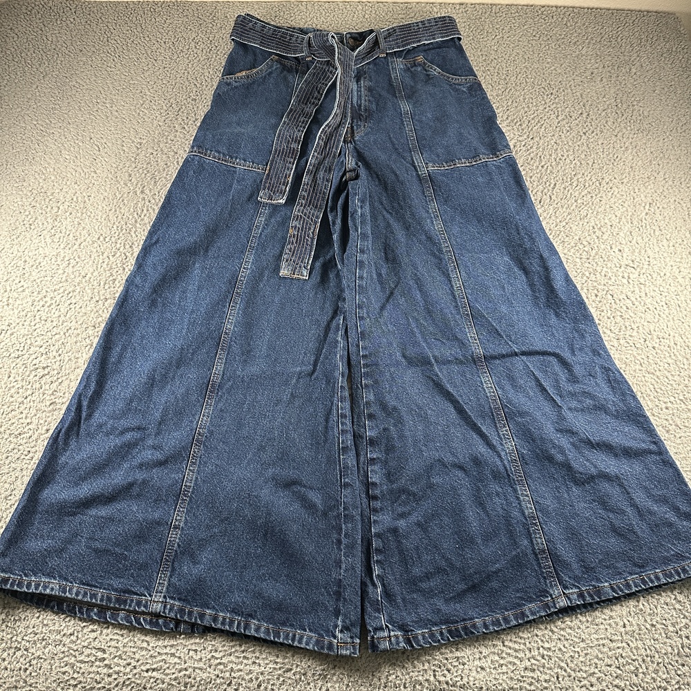 Farm Rio Palazzo Wide Leg Jeans Womens 31 Blue High Rise Cotton Denim Belted